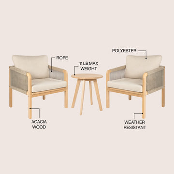 Aveiro 3-Piece Modern Bohemian Roped Corner Acacia Wood Conversation Outdoor Patio Set with Cushions